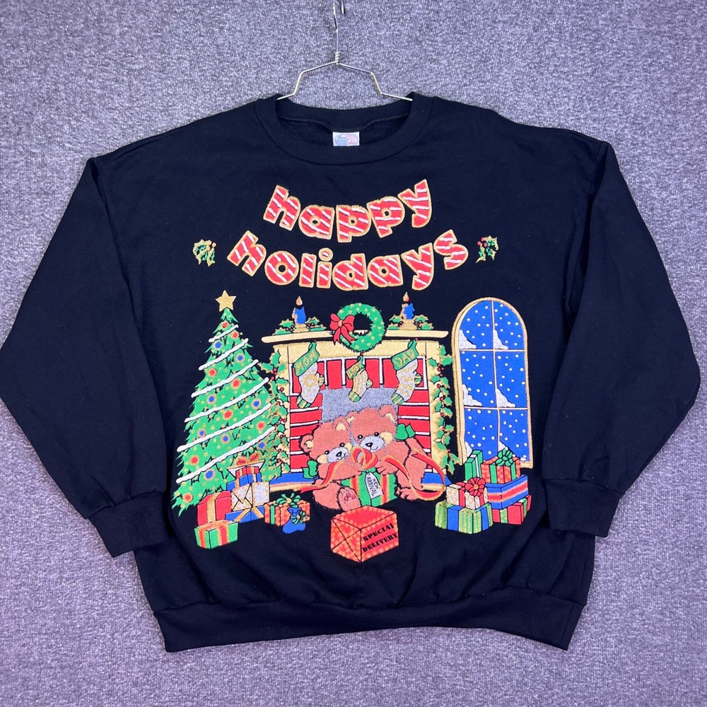 Land & Sea Sweatshirt M Black VTG Christmas Teddy Bear Holiday USA Festive Retro